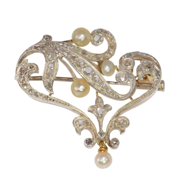 Broche - 18 kraat Gulguld, Sølv - Diamant - Perle - 1900 Art Nouveau