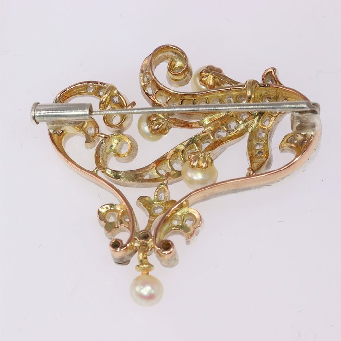 Broche - 18 kraat Gulguld, Sølv - Diamant - Perle - 1900 Art Nouveau