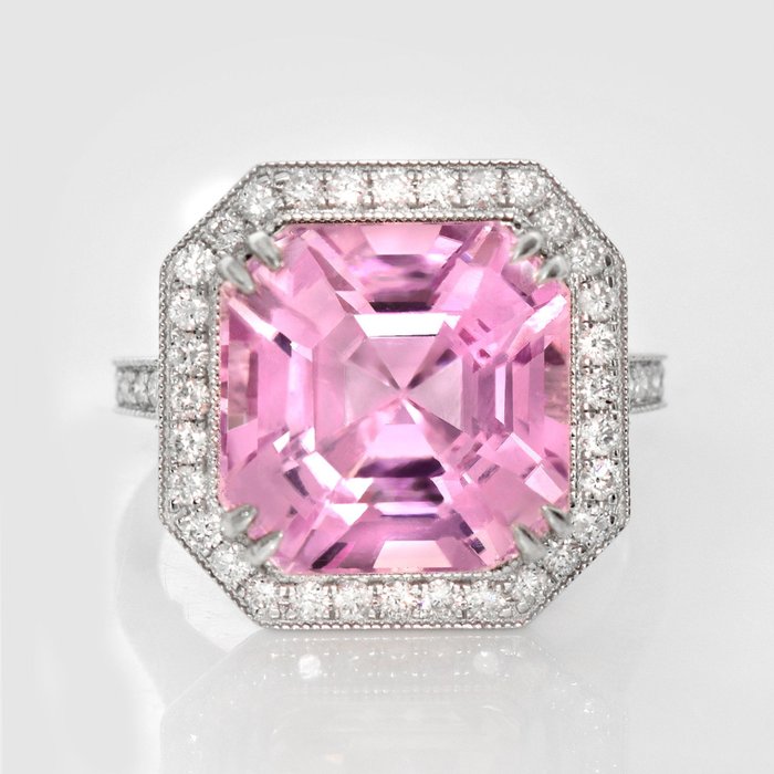 Ingen mindstepris - Ring - 14 karat Hvidguld -  12.01ct. tw. Kunzit - Diamant - IGI 11,33 ct Pink