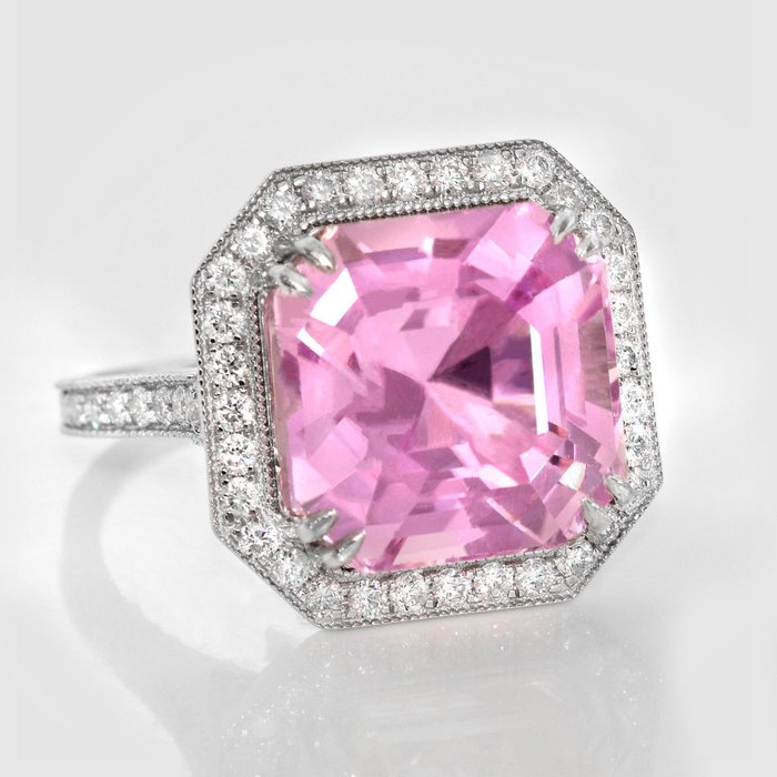 Ingen mindstepris - Ring - 14 karat Hvidguld -  12.01ct. tw. Kunzit - Diamant - IGI 11,33 ct Pink