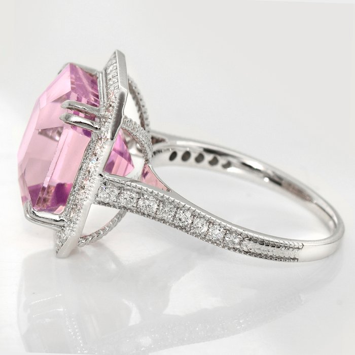 Ingen mindstepris - Ring - 14 karat Hvidguld -  12.01ct. tw. Kunzit - Diamant - IGI 11,33 ct Pink