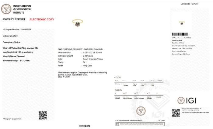 Ring - 14 karat Gulguld -  2.42ct. tw. Gul Diamant (Naturfarvet) - IGI