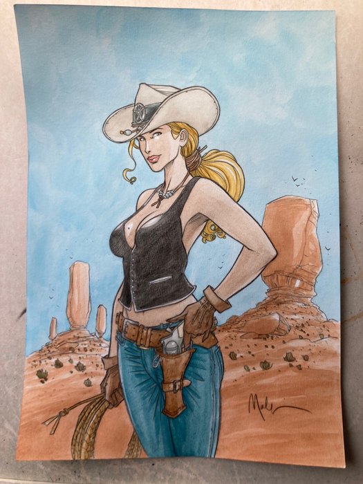 Malfin, Nicolas - 1 Original colour drawing - Golden City - Cow Girl - 2024