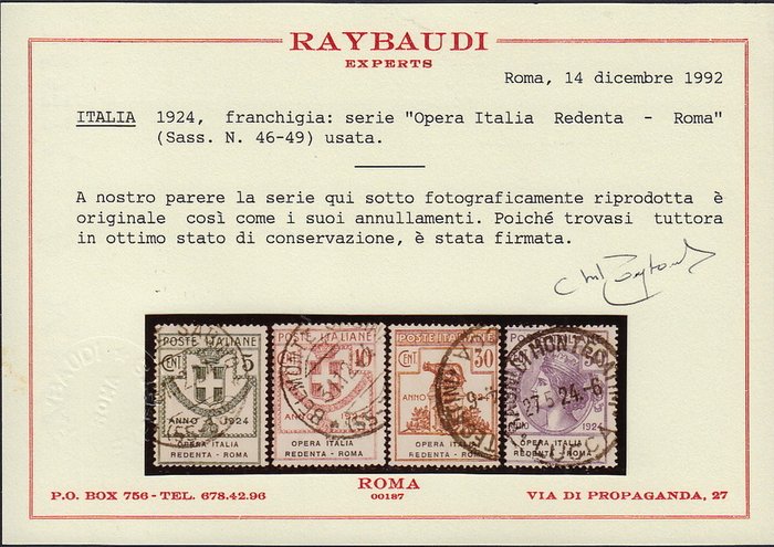 Italien Kongerige 1924 - Halvstatslige karosserier, "Opera Italia Redenta Roma"-serien brugt med originale aflysninger, - n. 46/49