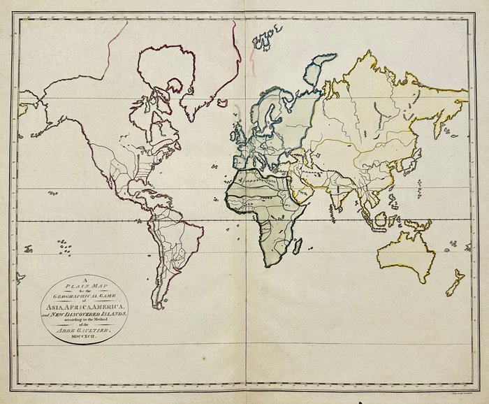 World - Asien, Afrika, Amerika; Samuel Bentley / Richard Bentley / Abbe Gaultier - A plain map for the geographical game of Asia, Africa, America, and newly discovered islands - 1821-1850