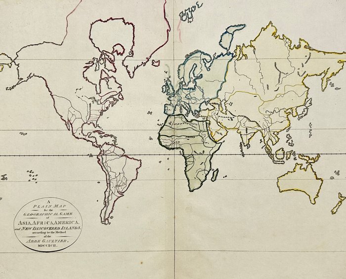 World - Asien, Afrika, Amerika; Samuel Bentley / Richard Bentley / Abbe Gaultier - A plain map for the geographical game of Asia, Africa, America, and newly discovered islands - 1821-1850