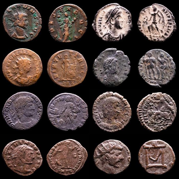 Romarriket. Lot comprising eight (8) coins: III-IV centuries AD.. Antoninianus, Follis, Maiorinas. Claudius II (2), Constantius Gallus, Carinus, Valens, Honorius, Magnus Maximus  Licinius I  (Ingen mindstepris)