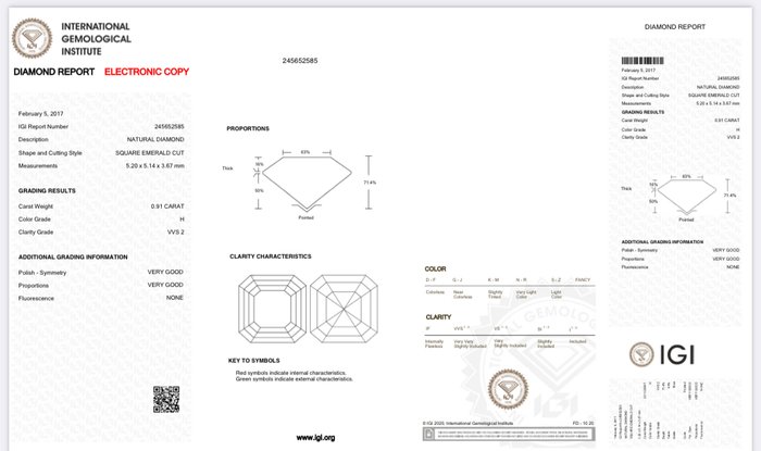 1 pcs Diamant  (Natur)  - 0.91 ct - Kvadrat - H - VVS2 - International Gemological Institute (IGI)