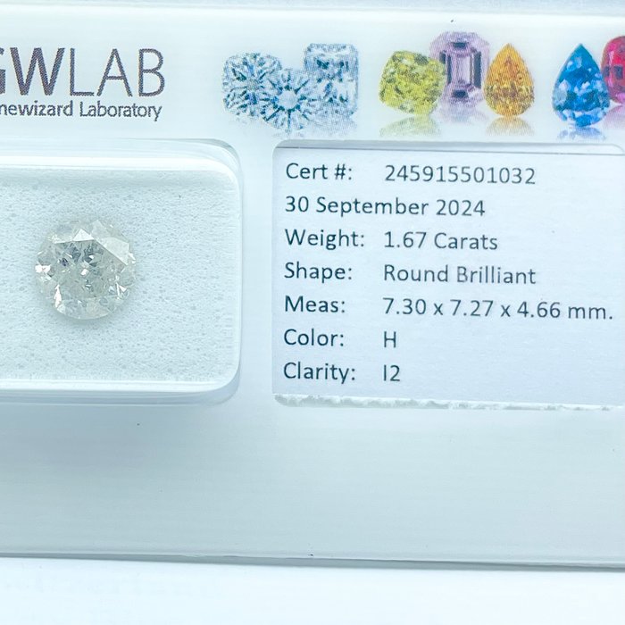 Ingen mindstepris - 1 pcs Diamant  (Natur)  - 1.67 ct - Rund - H - I2 - Gemewizard Gemological Laboratory (GWLab)