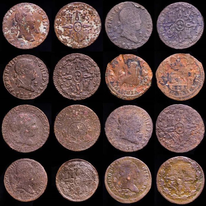 Spanien. Isabel II, Fernando VII, Carlos IV y Felipe V. Lote de 8 monedas Lote de 8 españolas acuñadas entre los siglos XVIII y XIX  (Ingen mindstepris)