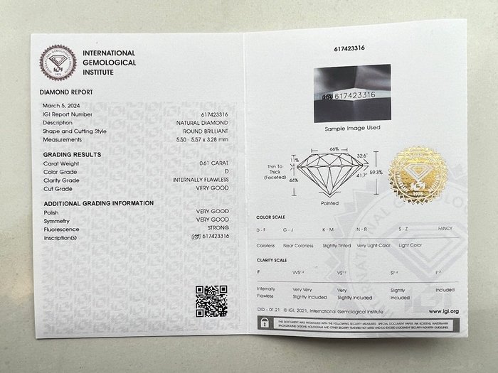 1 pcs Diamant  (Natur)  - 0.61 ct - Rund - D (farveløs) - IF - International Gemological Institute (IGI)