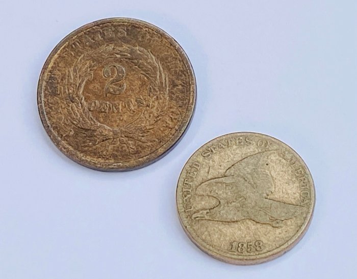 Förenta staterna. A Pair (2x) of Old USA Coins, Flying Eagle Cent 1858 Large Letters, 2 Cents 1864  (Ingen mindstepris)