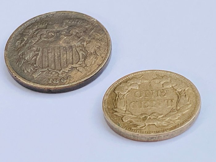 Förenta staterna. A Pair (2x) of Old USA Coins, Flying Eagle Cent 1858 Large Letters, 2 Cents 1864  (Ingen mindstepris)