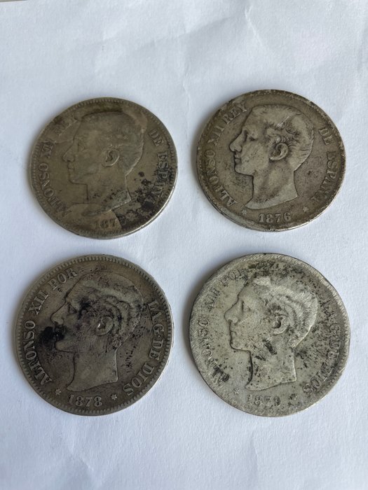 Spanien Alfonso XII (1874-1885) 5 Pesetas 1875-1876-1878-1879 (4 monedas)  (Ingen mindstepris)