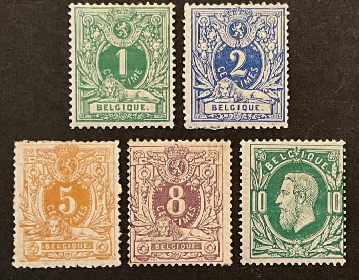 Belgien 1869/1883 - Emission 1869: Liggende løve 1c-8c  Leopold II 10c - OBP 26/30