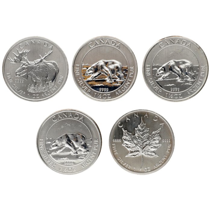 Canada. 5 Dollars / 8 Dollars 2012/2013 "Animals  Maple Leaf", 2x1 Oz (.999) + 3x1,5 Oz (.999)