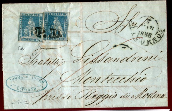 Antikke Italienske Stater - Toscana 1851 - Brev fra Livorno til Montecchio Estense (usædvanlig destination). - Sassone 5d