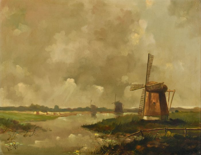 Willem Cornelis Rip (1856-1922) - Dutch Windmills in the Polder