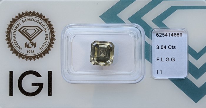 1 pcs Diamant  (Naturfarvet)  - 3.02 ct - Smaragd - Fancy light Grønlig Grå - I1 - International Gemological Institute (IGI)