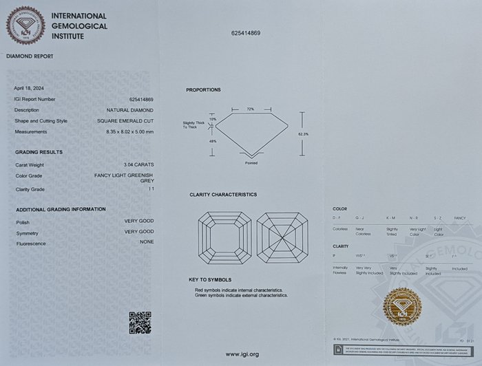 1 pcs Diamant  (Naturfarvet)  - 3.02 ct - Smaragd - Fancy light Grønlig Grå - I1 - International Gemological Institute (IGI)