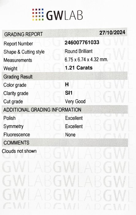 1 pcs Diamant  (Natur)  - 1.21 ct - Rund - H - SI1 - Gemewizard Gemological Laboratory (GWLab)