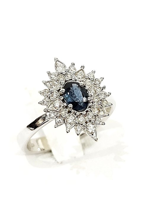 Ring - 18 kraat Hvidguld -  1.28ct. tw. Safir - Diamanter