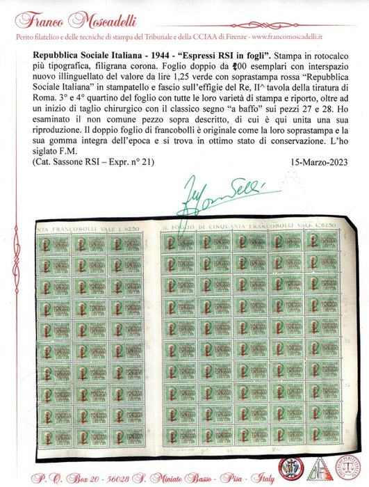 Italien Kongerige 1944 - RSI - dobbeltark af 100 espresso 125 lire med alle de varianter af print og transfer - Sassone RSI espressi n°21