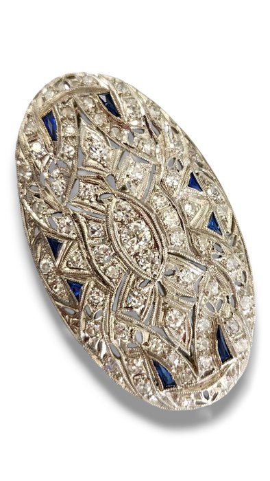 Broche Platin, Art Deco Platinum Diamond Sapphire stor Broche Pin