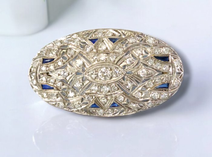 Broche Platin, Art Deco Platinum Diamond Sapphire stor Broche Pin