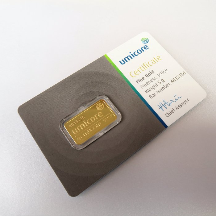 5 gram - Guld 999 - Umicore, Belgium - Forseglet  Med certifikat