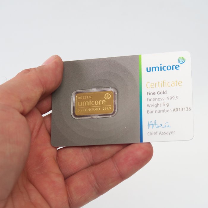 5 gram - Guld 999 - Umicore, Belgium - Forseglet  Med certifikat