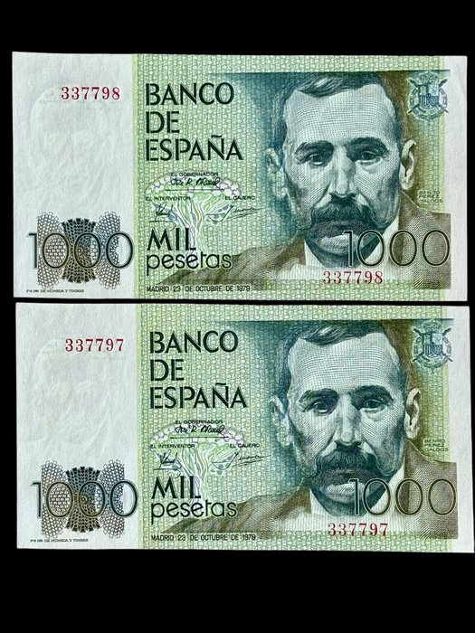 Spanien. - 2 x 1000 Pesetas - 1979 - Benito Perez Galdos - Pareja Correlativa - Sin Serie - (B029) - Pick 158  (Ingen mindstepris)