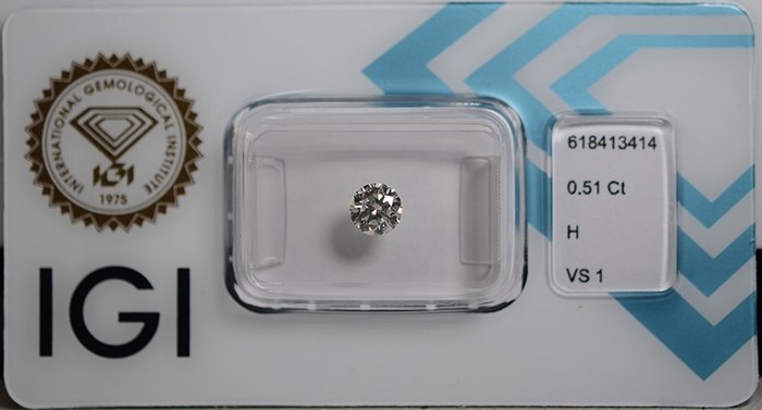 1 pcs Diamant  (Natur)  - 0.51 ct - Rund - H - VS1 - International Gemological Institute (IGI)