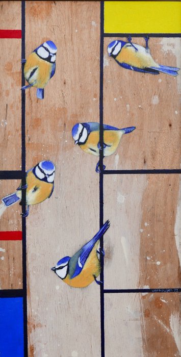 Jos Verheugen - Free after Mondrian, with blue tits (M783, oil paint on trash wood)