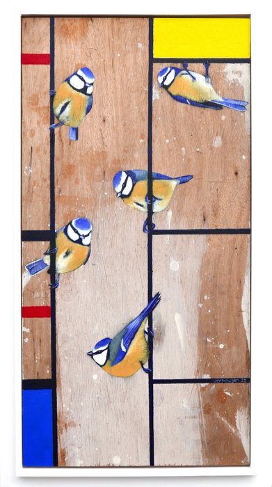 Jos Verheugen - Free after Mondrian, with blue tits (M783, oil paint on trash wood)