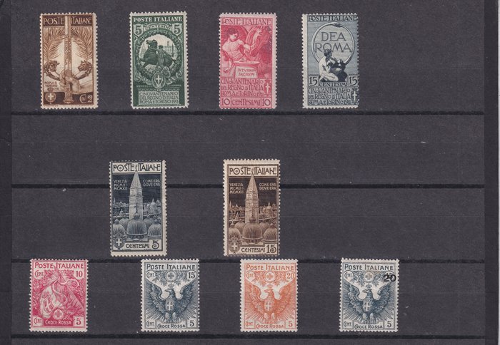 Italien Kongerige 1911/1916 - 3 Komplet serie: Halvtredsårsdagen for Italiens forening; Rekonstruktion af klokketårnet i Venedig; - Sassone S14 (92-5): S15 (97-8); S17 (102-5)