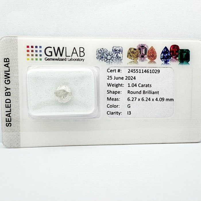 Ingen mindstepris - 1 pcs Diamant  (Natur)  - 104 ct - Rund - G - I3 - Gemewizard Gemological Laboratory (GWLab)