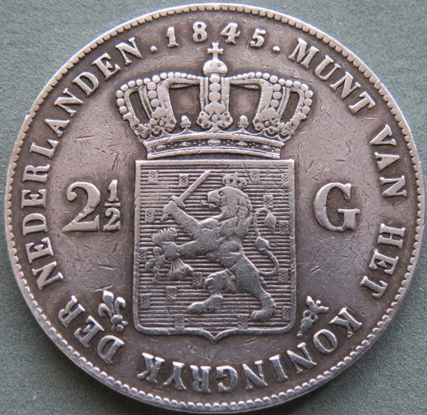 Holland. Wilhelm II. 2 1/2 Gulden 1845 (Lelie met Parel op Band)  (Ingen mindstepris)