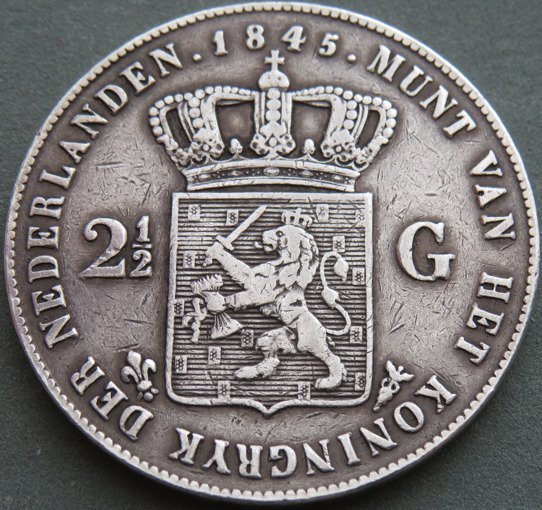 Holland. Wilhelm II. 2 1/2 Gulden 1845 (Lelie met Parel op Band)  (Ingen mindstepris)