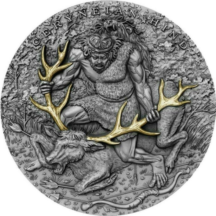 Niue. 5 Dollars 2020 Ceryneian Hind  Twelve Labours of Hercules Antique, 2 Oz (.999)