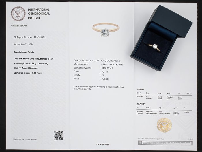 Ingen mindstepris - Ring - 14 karat Gulguld, Hvidguld, IGI certificeret - 0,80ct diamanter - solitair - Diamant