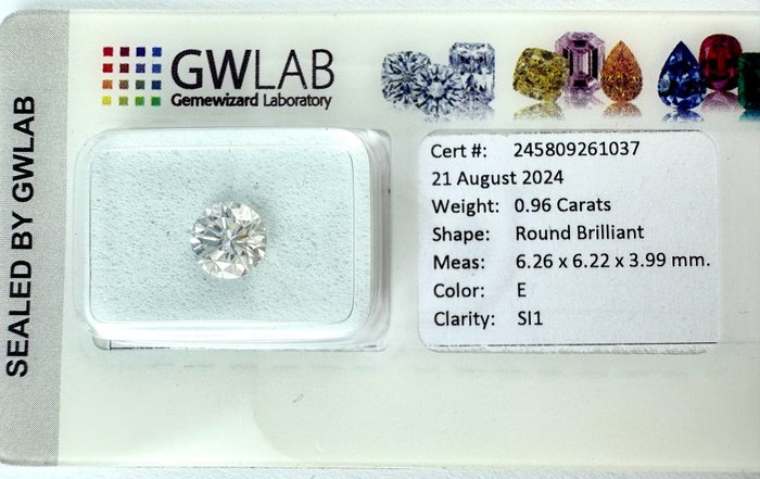 1 pcs Diamant  (Natur)  - 096 ct - Rund - E - SI1 - Gemewizard Gemological Laboratory (GWLab) - ( NATURLIG )