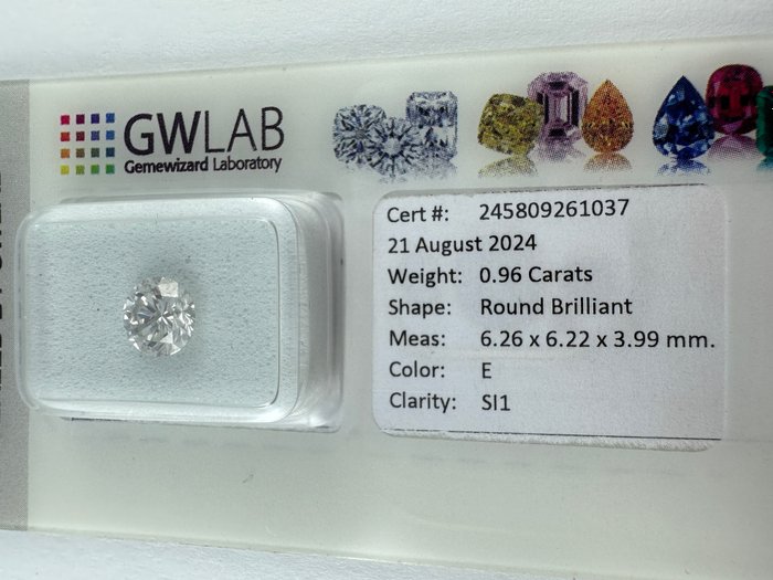 1 pcs Diamant  (Natur)  - 0.96 ct - Rund - E - SI1 - Gemewizard Gemological Laboratory (GWLab) - ( NATURLIG )