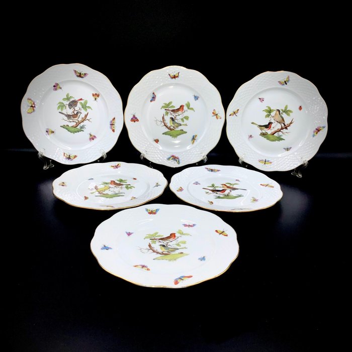 Herend - Exquisite Set of 6 Plates (18,8 cm) - "Rothschild Bird" Pattern - Tallerken - Håndmalet porcelæn