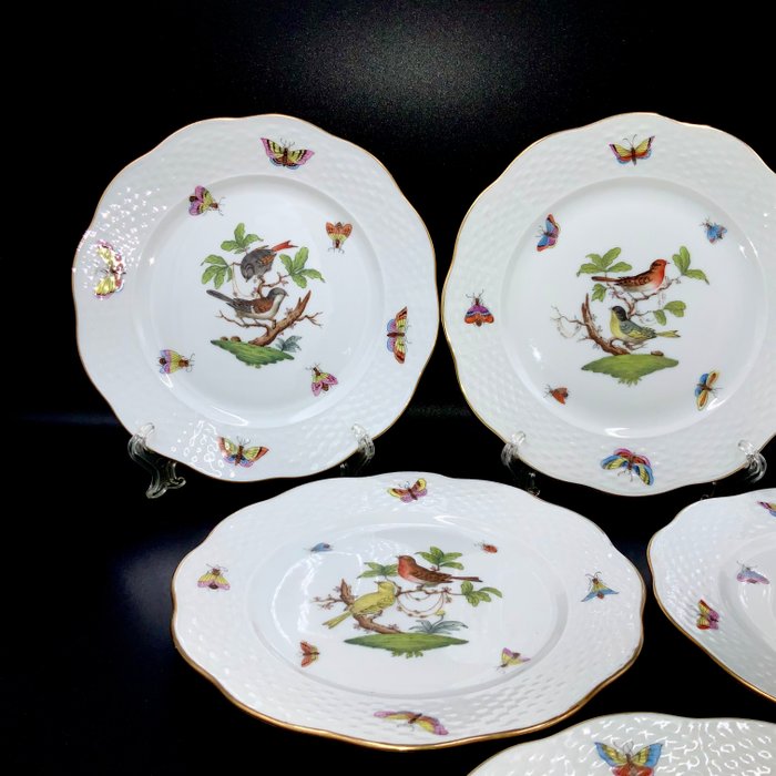 Herend - Exquisite Set of 6 Plates (18,8 cm) - "Rothschild Bird" Pattern - Tallerken - Håndmalet porcelæn