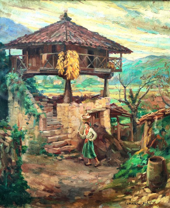 Ismael Blat i Monzó (1901-1976) - Escena rural con hórreo y campesina