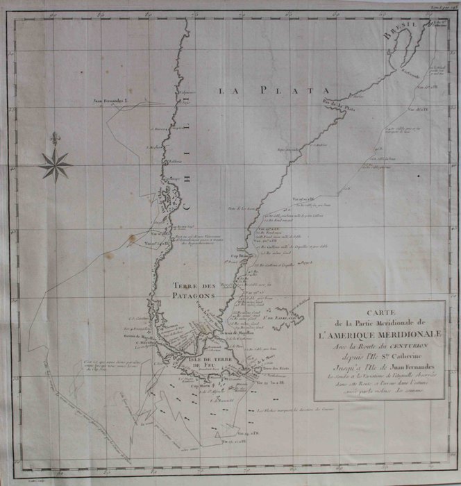 Sydamerika - S. Caterina Island – Kap Blanco; George Anson - Carte de la Partie Meridionale de l’Amerique Meridionale avec la route du Centurion depuis de l’Ile - 1761-1780