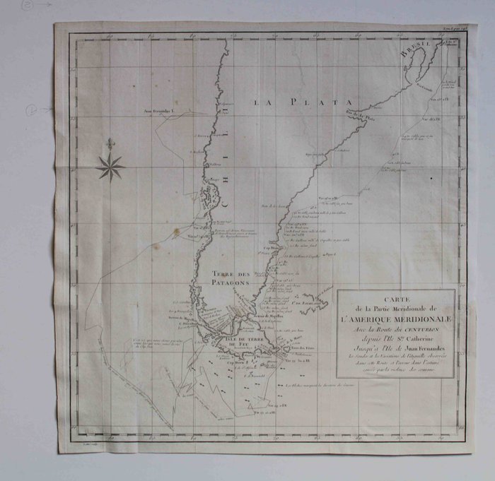 Sydamerika - S. Caterina Island – Kap Blanco; George Anson - Carte de la Partie Meridionale de l’Amerique Meridionale avec la route du Centurion depuis de l’Ile - 1761-1780