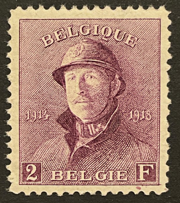 Belgien 1919/1919 - Albert I Helm - 2fr Lilla - Smukt centrum - MEST FRISK - OBP 176