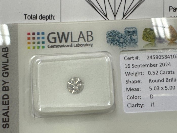 Ingen mindstepris - 1 pcs Diamant  (Natur)  - 0.52 ct - Rund - D (farveløs) - I1 - Gemewizard Gemological Laboratory (GWLab)